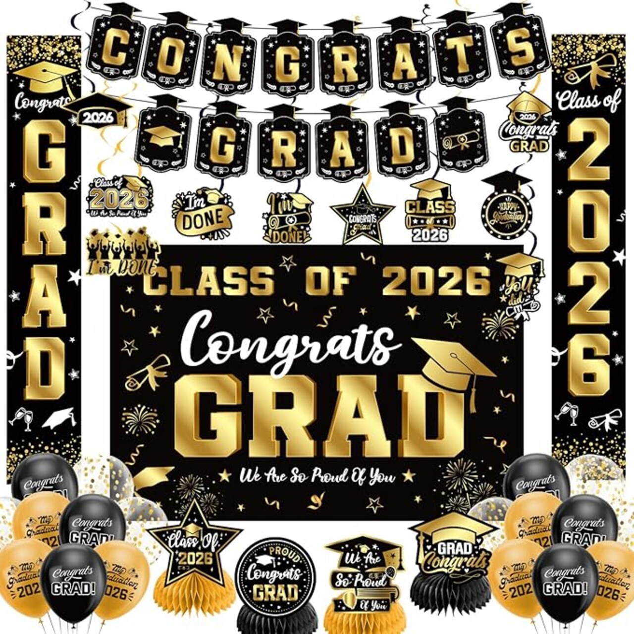 Class of 2026 Graduation Decorations Set - Black & Gold Congrats Grad Party Kit - Includes Backdrop, Porch Signs, Hanging Swirls, Honeycomb Centerpieces & Balloons